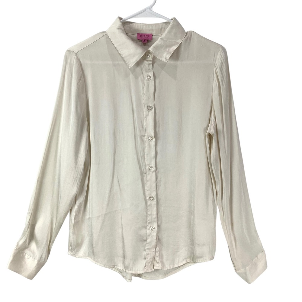 Mi Ami for Francesca's Cream Satin Button Up Collared Shirt Long Sleeve Small